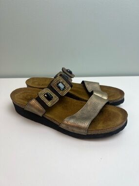 NAOT Metallic Gold Womens Size 40 US 9 Slide Sandals Rhinestones Low Wedge